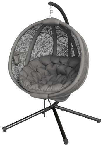 Outsunny Outdoor Hanging Chair, Swing Chair with Metal Stand, Thick Padded Cushion, Foldable Basket and Side Pocket, for Indoor and Outdoor, Charcoal Grey