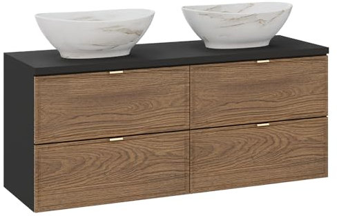 Lomadox Badezimmer Doppelwaschtisch 120 cm breit in Eiche und schwarz, hängend mit 4 Schubladen, 2 Aufsatzwaschbecken weiß marmoriert