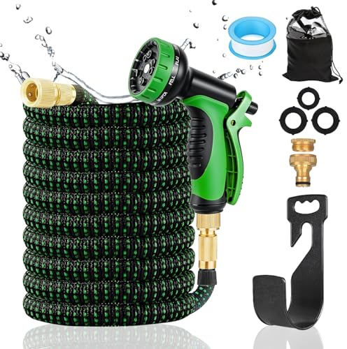 Flexible Gartenschlauch 30m/100FT, Strapazierfähiger Latex Wasserschlauch 3/4' und 1/2' Metallanschlüsse, Wasserschlauch Dehnbarer mit 10 Funktionsdüsen und Wandhalter, 3450D-Gewebe, Knickfrei