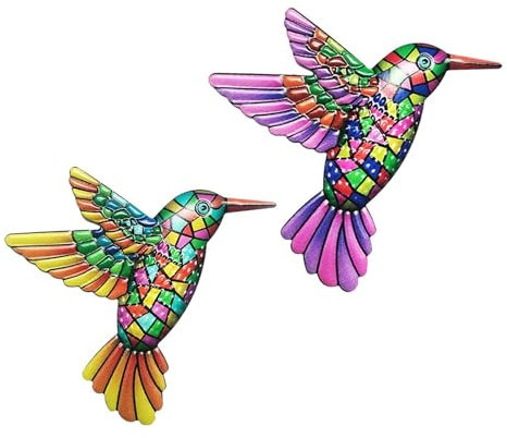 KRENIE 2 Pack Metal Hummingbird Wall Decor - Garden Ornaments Outdoor for Outdoor Fence Decorations - Wrought Iron Colorful Hummingbird Wall Hanging Art for Patio Backyard Porch