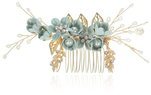 UEIOAVL Peinetas de pelo, Peineta de boda con encaje, pinza para el pelo con diamantes de imitación perla flor tocado accesorios para el cabello de novia de cristal (verde)