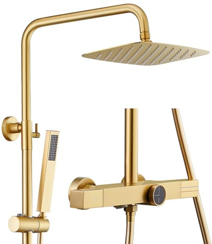 WRKMH Duschsystem mit Thermostat, Gebürstetes Zirkoniumgold Duscharmatur Komplettset 3 Funktional Duschgarnitur mit Regendusche, Einstellbare Durchflussmenge Duschamaturenset Regendusche