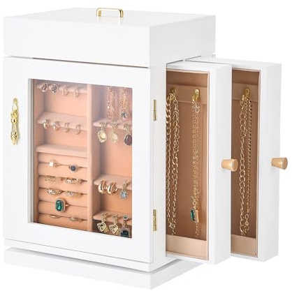 VEVOR Portagioie, Organizzatore per Gioielli Rotante a 360° con Porta Magnetica, Finestra, 4 Ganci per Collane Incorporati, Maniglie in Metallo, Imbottitura Fondo, Fodera in Flanella, Bianco