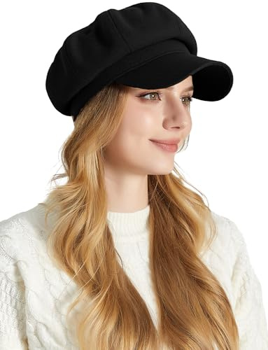 Adigau Damen Baskenmütze Casual Newsboy Mütze Elegante Mütze Vintage Achteckiger Hut 8 Panels Schirmmütze Einheitsgröße Schwarz