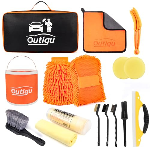 Outigu Kit de nettoyage de voiture avec seau pliable, kit de lavage de voiture avec gant de lavage en éponge, serviettes, serviette shammy à séchage rapide, brosses de détail, ensemble de lavage
