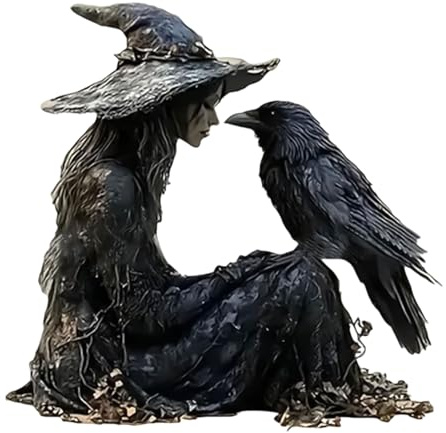 Generisch Gothic Halloween Hexen-Tischdekoration, 15 cm, Acryl 2D-Ornament, Schwarze Hexenfigur mit Rabe, Halloween-Deko für Schreibtisch, Haus und Büro