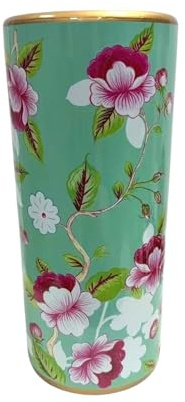 Classic Ceramic Hexagonal 18” Tall Umbrella Stand – Multi-Functional Holder or Decorative Vase, Zebra Safari Design with Durable Glazed Finish for Home, Office, or Entryway (Green Floral Rose Design)