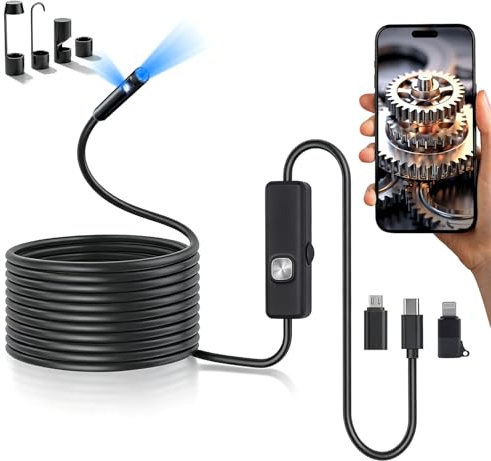Fotocamera endoscopica con luce, 5 m a doppia lente boroscopio strumenti con 8 luci LED regolabili, endoscopio con fotocamera semi-rigida a serpente, periscopio di ispezione impermeabile IP67 per iOS