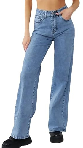 Stretch jeans för kvinnor hög midja rakt ben, lös passform denim jeans hög elasticitet raka tub denimbyxor knapp med dragkedja flugstängning palazzo byxor bekväma stretchiga jeggings, Ljusblått, 3XL