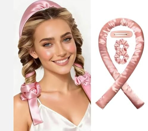 Heatless Curling Rod Headband/No Heat Silk Ribbon Curling Rod Hair Roller Curls with Hair Claw Clip Lazy Natural Soft Wave DIY Hair Rollers Styling Tool for Sleep in Overnight/pink