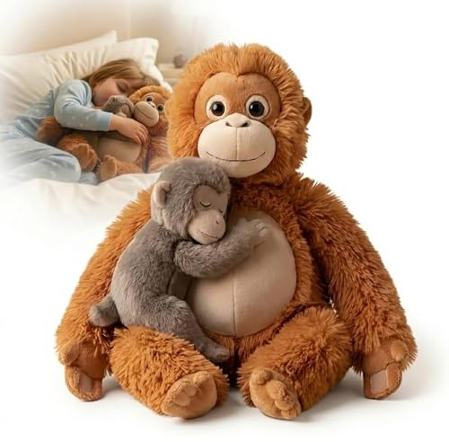 Punch Monkey Plüschtier – Realistisches Orang-Utan Kuscheltier mit Baby Äffchen, Waschbar und Sicher für Kinder, Softes Gorilla-Tag Affen Kuscheltier für Kinder ab 3 Jahren (35CM Affen-Mutter & -Kind)