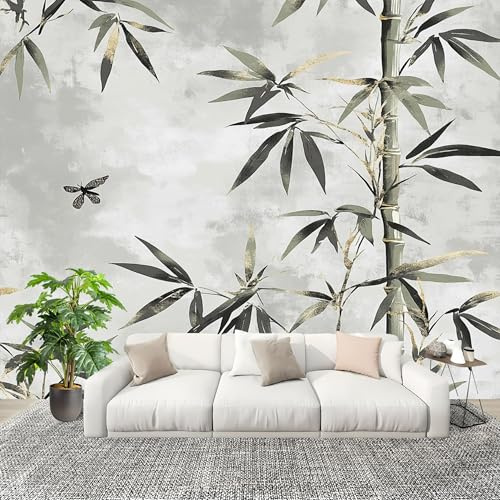 Estilo de Pintura A La Tinta Bambú Mariposa Fotomurales Papel Pintado 250x175 cm Gris Pintado Panorámico Tejido No Tejido Impermeable Decoración de Habitaciones y Salones Papel Moderna Efectos 3D