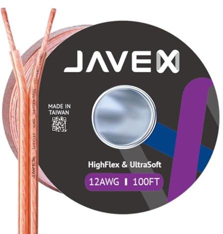 JAVEX Speaker Wire 12-Gauge [3.38mm2] [0.16mm Strands Oxygen-Free Copper 99.9%] Stranded Copper, Flat Cable, Cable for Hi-Fi Systems, Amplifiers, AV receivers and Car Audio Systems, 30.5M [100FT]