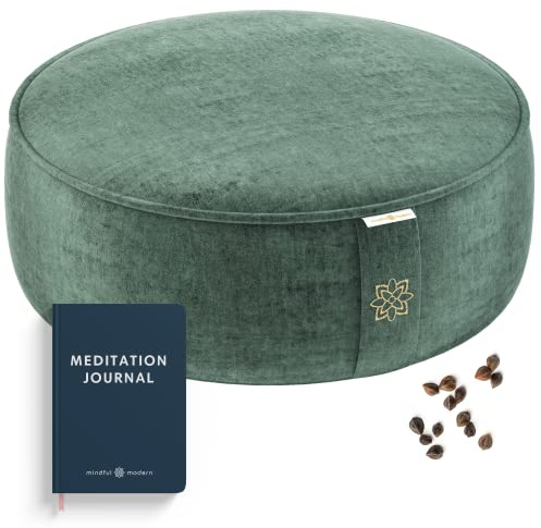 Mindful & Modern Velvet Meditation Cushion | Luxe Zafu Yoga Floor Pillow Seat | Posture Support | Buckwheat Hull Filled | Large Round Cushion with Removable Washable Cover + Carry Handle | Color Green