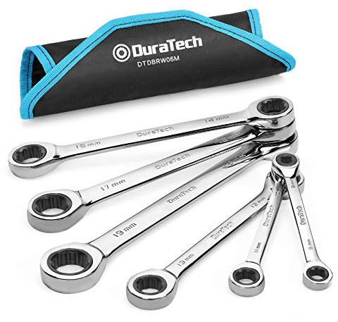 DURATECH Double Box End Ratcheting Wrench Set, Metric, 6-Piece, 8-19mm, CR-V Steel, with Rolling Pouch