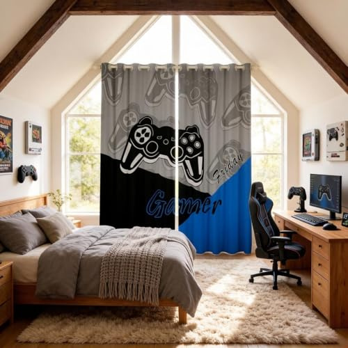 Cortinas de Jugador para Dormitorio, Adolescentes, niños, Cortina de Juegos, Videojuegos, Videojuegos, Cortinas de Ventana para niños, Tratamiento de Ojales, Negro, Azul, Gris, 52 x 90 Pulgadas