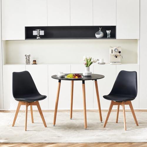 H.J WeDoo Essgruppe Esszimmertisch Esstisch Set 1 MDF Schwarz + 2 Modern Schwarz Esszimmerstühle, für Küche Esszimmer Konferenzzimmer | Essgruppe 80 cm Runder Küchentisch, Massivholzbeine, für Balkon Wohnzimmer, Schwarz Stühle