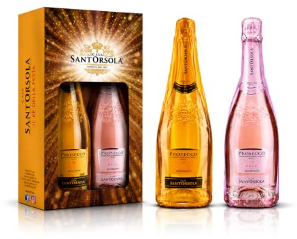 Sant'Orsola Prosecco D.O.C. Extra Dry Millesimato + Prosecco D.O.C. Rosè Sparkling Italian Wine in Gift Pack - Luxury Sparkling Wine - Gifts for Women - Mum - 2 x 750 ml