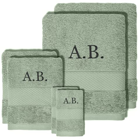 Personalisierte Tücher Set Bestickt - Badetücher mit Name oder Initialen Bestickt - Weich und saugfähig, 100% Baumwolle (2 gästetuch + 2 Handtuch + 2 große Duschtuch, Gepuderte Grün)