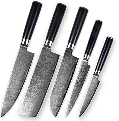 Set de 5 Piezas de Cuchillo de Cocina VG10 Damasco Steel Blade G10 Manijera Redonda de Carne Afilada Afilada y Herramienta de Corte de Vegetales Chef Knife