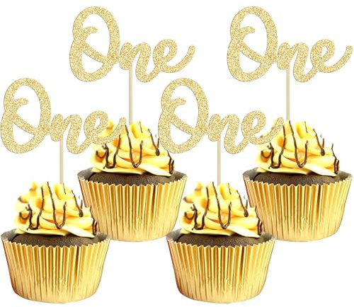 Gyufise 24Pcs One Cupcake Toppers Gold Glitter First Birthday Baby Shower Cupcake Picks Baby Shower Kids Boys Girls 1st Birthday Party Cake Decorations Supplies