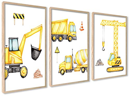 ag.art deco 3er Set Poster 30x40cm Ohne Rahmen Wanddeko Wohnzimmer Flur | Kinderzimmer Gelb Kran Bagger Wagen Betonmischer Baustelle Mädchen und Junge Bilderset, Ideal als Geschenk, Modernes Design
