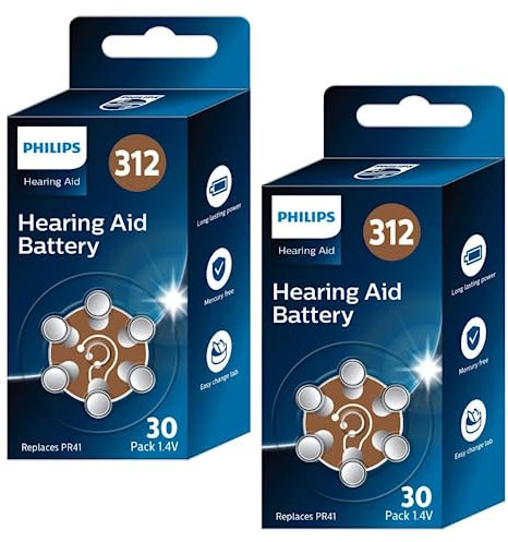 Philips Lot de 60 Piles 1,4 V pour appareils auditifs 312 (Hearing Aid Battery) ZA312BX30/00, Technologie Premium Zinc Air, Batterie Longue durée, Onglet Ouvert-Facile, Type PR41 (60 unités), Couleur