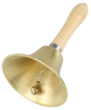 Campana dorata extra forte con manico in legno, 11 cm, in ottone, campana per scuola, slitta da meditazione, campane decorative da scrivania per scuola, chiesa, hotel, Natale e servizio di nozze