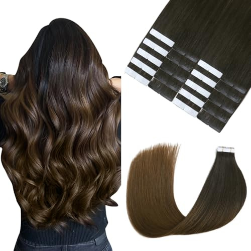 Sindra Tape Extensions Echthaar Ombre Schwarz to Dunkel Braun 35cm | Haar Extensions Echthaar Tape, 20 Stück 50g, Remy Echthaar, Unsichtbare Tape-Verbindung, Glattes Haar, 14 Zoll