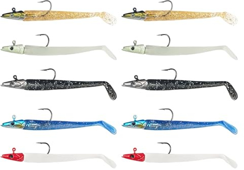 10 Señuelos Blandos de Pesca con Anzuelo Individual y Cuchara de Escamas para Marina, Aparejos con Escamas para Agua Salada y Dulce