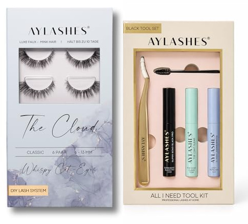 AYLASHES - DIY Wimpernextensions Starter Set THE CLOUD | 6 Paar Wimpern, Applikator, Wimpernkleber, Top Coat Sealer schwarz, Lash Remover | Wimpern DIY Set für zu Hause | bis zu 7 Tage Halt