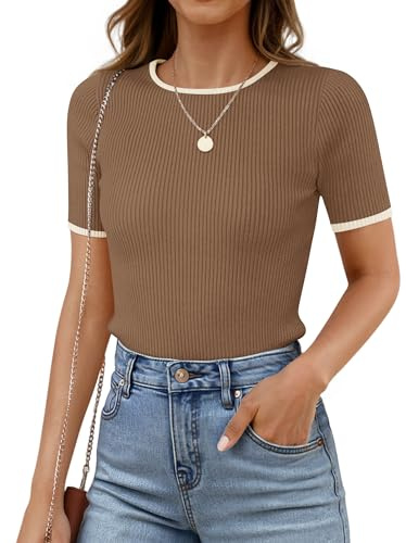 ZESICA Women's Summer Short Sleeve Ribbed Knit Slim Fit T Shirt 2026 Crewneck Basic Casual Color Block Tee Tops,Brown,Small