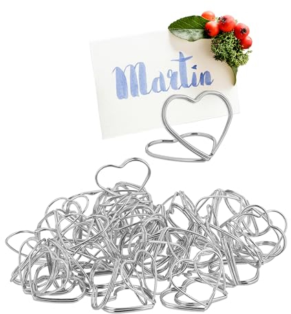 Relaxdays Set di 48 Mini Segnaposto da Tavolo, Set da 48, Portacarte a Forma di Cuore, Portafoto, Matrimonio e Battesimo, Argento, Ferro, 2,5 x 3 x 3 cm