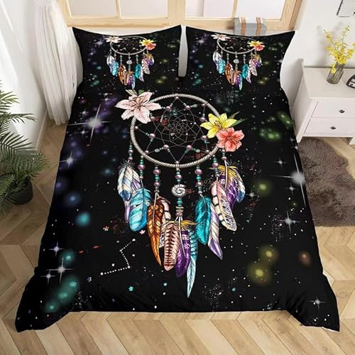 MAQUE Schwarz BettwäSche Set Sternenlicht-TraumfäNger BettwäSche 135x200, WendebettwäSche und Kissenbezug 80x80, Weiche & Angenehme & Atmungsaktive Mikrofaser BettwäSche-Sets mit ReißVerschluss