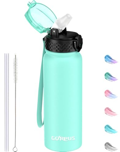 GOPPUS Bouteille d'eau isotherme 600 ml avec paille double paroi anti-fuite pour homme et femme
