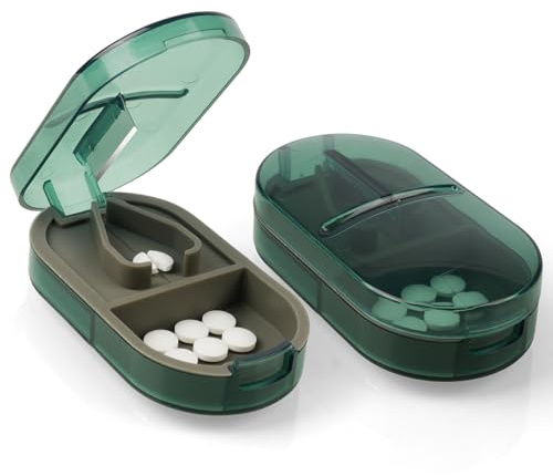 ACWOO Tablettenteiler, Tablettenteiler für Kleine und Große Tabletten, Tablettenschneider in Halbe Viertel Schneiden, Pillenschneider Tablettenzerteiler für Reise & Täglichen (Transparente Dunkelgrün)