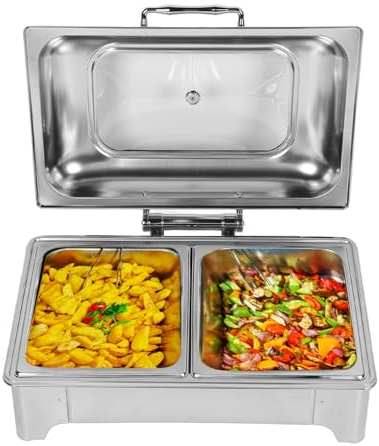 Topyond Juego de Buffet de Chafing Dish de Acero Inoxidable Mantiene la Comida Caliente y Lista para Eventos de Catering, Capacidad de 9 litros con Tapa Transparente para Hoteles, (2 compartimentos)