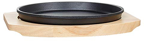 Plat de service en fonte pré-assaisonnée, rond, plateau grésillant en fonte, avec sous-plateau en bois clair-24 cm