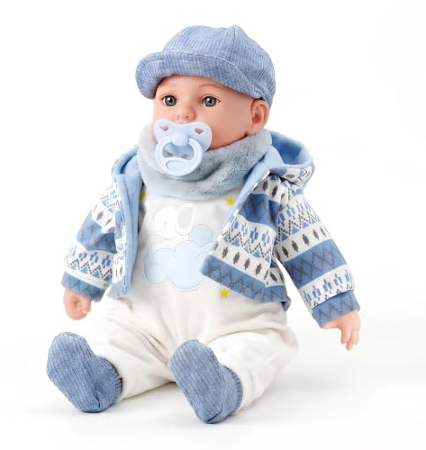 Bibi Doll 16'' Baby Boy Doll Felix with Sounds & Dummy - Soft Body Realistic Baby Doll in Blue Coat, Vinyl Limbs, Lifelike Blue Eyes Toy for Boys & Girls Aged 18 Months+