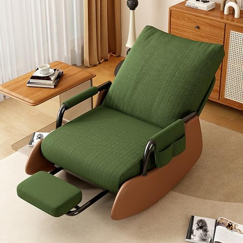 Stillstuhl, Schaukelstuhl, Schlafsessel mit klappbarem Fußpolster, Seitentasche, Holzsockel, bequeme Wippe für Wohnzimmer, Schlafzimmer (Grün/Braun)