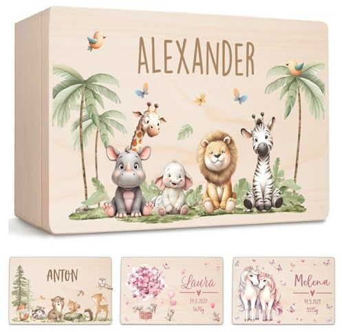 Little Deco Erinnerungskiste Personalisierte Baby Holzkiste | L - 40 x 30 x 20 cm | Safaritiere Geschenk Geburt Aufbewahrungskiste Geburtstag Spielzeugkiste XHL1023-05L