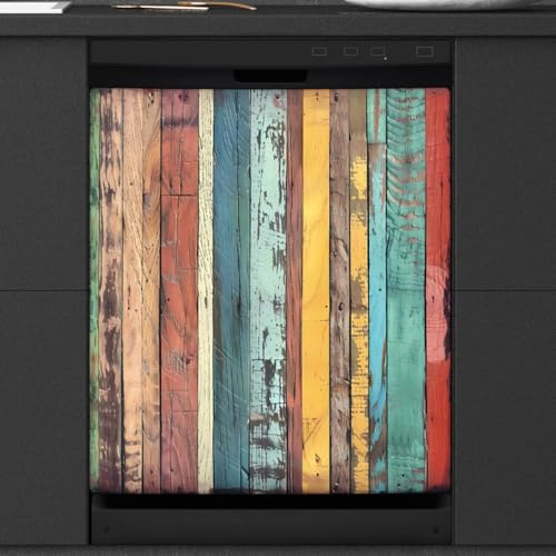 Mexpekil Couverture magnétique colorée vintage rustique en bois pour lave-vaisselle, 58,4 x 66 cm, autocollant décoratif imperméable pour lave-vaisselle pour appareils de cuisine