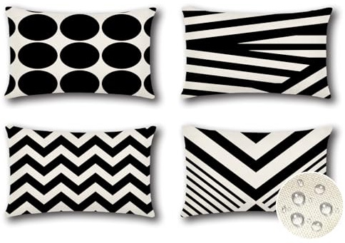 JOTOM Set of 4 Waterproof Outdoor Cushion Covers 30x50 cm Decorative Throw Pillow Covers 12x20 Inch Modern Geometric Decor Cushion Cases for Patio Garden Porch Bench Sofa Indoor Bed (Black)