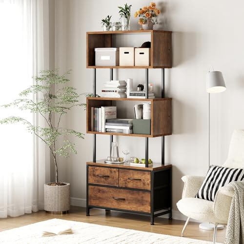 Coleshome 5-Shelf Bookcase With 3 Fabric Drawers, 60 x 24 x 155cm, Vintage