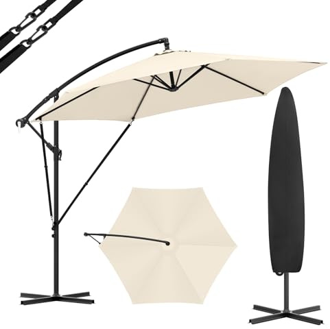 WOLTU Ampelschirm Sonnenschirm Ø310 cm & Kurbelvorrichtung Kurbelschirm mit Schutzhülle und Ständer, Gartenschirm Sonnenschutz UV-Schutz | Wasserdicht 360° Grad Drehbare Marktschirm, Beige