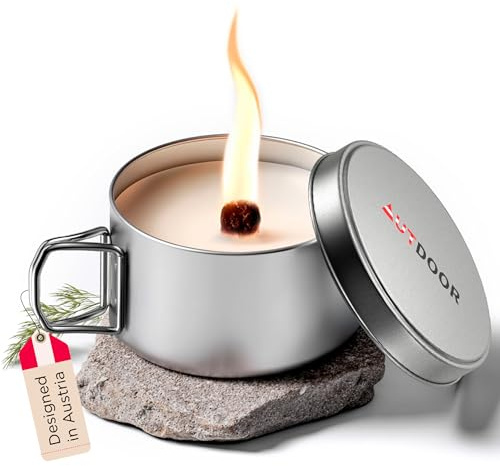 AUTDOOR® Outdoor Kerze + Dauerdocht aus Sojawachs, Dauerkerze, nachfüllbar | Wiederverwendbares Windlicht und Mini-Lagerfeuer für Camping, Garten und Balkon; mit Kerzenresten einfach nachfüllbar.