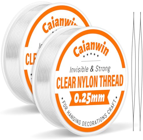 Caianwin 200 m nylonsnöre 0,25 mm klar nylontråd, osynlig tråd, slitstark osynlig tråd, transparent snöre med pärlnål för hängande dekorationer, armband, smyckestillverkning