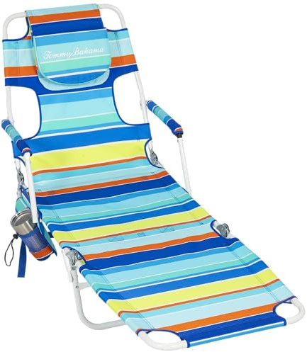 Tommy Bahama Read Through Backpack Beach Lounge Chair with Pillow, Arms, and Cup Holder, Multi-Position Adjustable Folding Outdoor Chaise Lounger, Multicolor