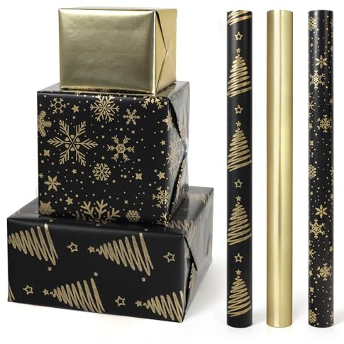 PARTY GO Geschenkpapier Weihnachten Rolle Schwarzer Gold, 3 Rollen 43x300cm, für Weihnachten Geschenkverpackung,Partydekoration,Muster Massives Gold und Weihnachtsbaum