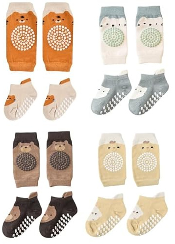 QINGZY 4 Paar Knieschoner Baby Krabbeln, baby Krabbelsocken und Knieschoner Set, Weiche und Bequeme Baumwolle, Antirutsch-Socken und Knieschoner für Kleinkinder von 0-12 Monaten